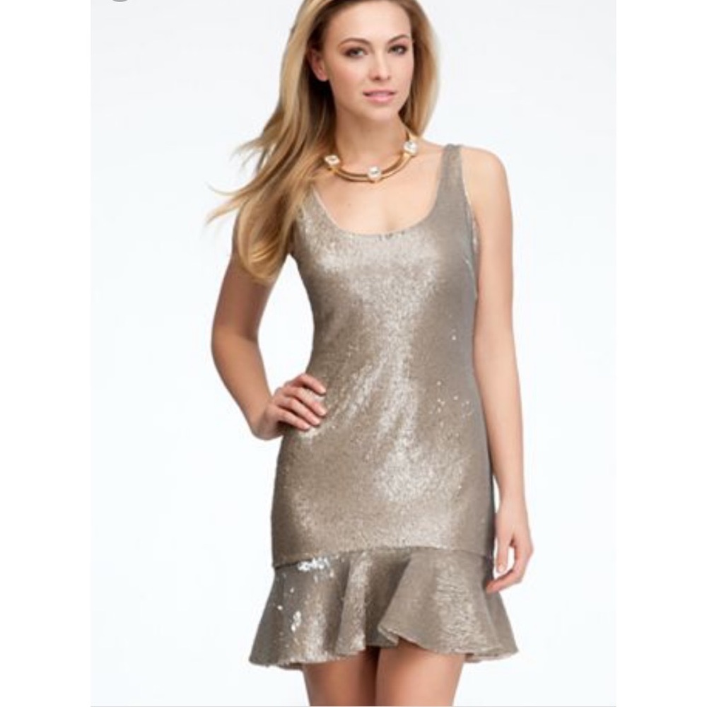 Bebe gold sequin fitted dress with bottom ruffle